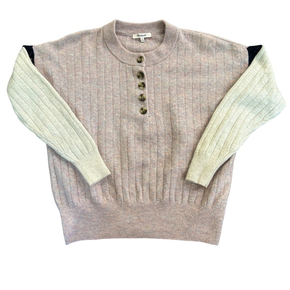 Madewell Womens XS Merino Alpaca Blend Ribbed Henley Colorblock Sweater Lilac